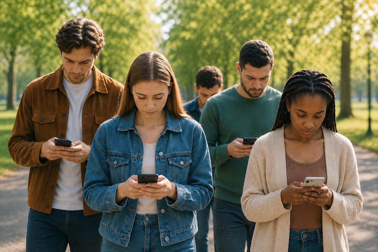 People outdoors absorbed in their smartphones